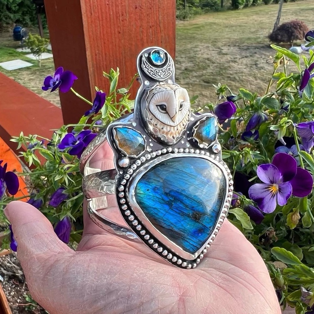 Sterling Silver Custom OOAK Artist Labradorite and Gemstone Owl Bracelet.